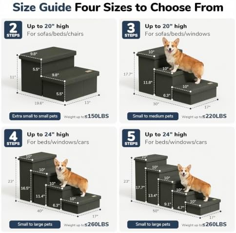 3-Step Wide Dog Stairs with Hidden Storage 18" H, Non-Slip Dog Steps for High Bed Couch Window Car, Jiont-Friendly Pet Stairs Ramp for Small/Medium/Large Old Dogs Cats Up to 200lbs, Grey Green - Image 2