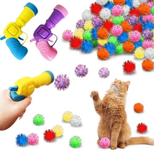 2 Cat Toy Launchers & 100 Glitter Cat Pom Pom Balls by Eerrhhaq