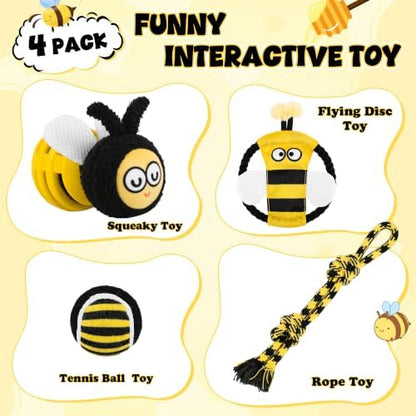 4 Pack Dog Squeaky Toys, Bee Interactive Toys Set, Natural Rope Tug Toy, Crinkle Flying Disc, Tennis Ball ，Puzzle Feeder, Safe Durable Dog Toys for Small Medium Dogs Indoor Outdoor Play - Image 2