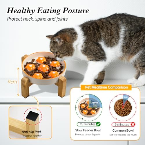 Elevated Ceramic Slow Feeder Cat Bowl with Anti-Slip Bamboo Stand - Image 3