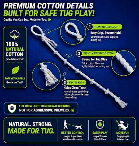 51" Extra Long Dog Rope Tug Toy with Loop Handle – 6-Knot Cotton Rope for Training, Tug-of-War & Interactive Play, Durable for Medium & Large Dogs, Indoor & Outdoor, Washable, White - Image 6