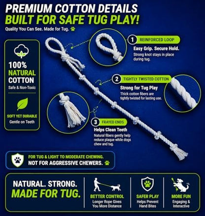 51" Extra Long Dog Rope Tug Toy with Loop Handle – 6-Knot Cotton Rope for Training, Tug-of-War & Interactive Play, Durable for Medium & Large Dogs, Indoor & Outdoor, Washable, White - Image 6