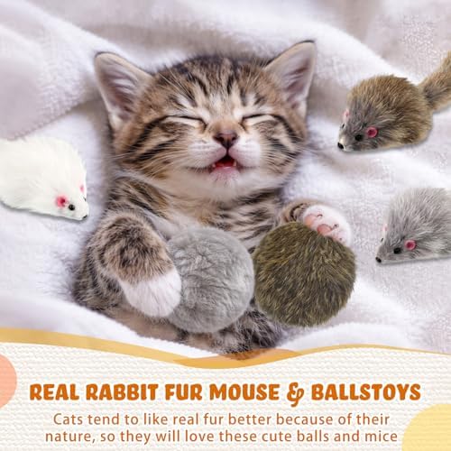 Lewtemi 24 Pcs Real Rabbit Fur Mouse Toys for Cats 12 Fluffy Rattle Mouse and 12 Fuzzy Cat Balls Realistic Fake Mice Without Catnip Interactive Kitty Toy for Pets Kitten Play - Image 5