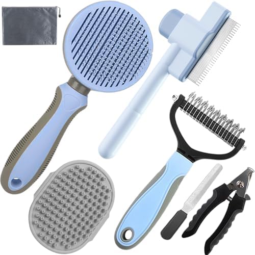 Dog Brush for Shedding,7 PCS Pet Grooming Brush Kit to De-fur & Hair Slicker Deshedding Brushes with Undercoat Rake Comb Bath Brush&Nail Clipper for Grooming Short Long Haired Dogs Cats Blue by KUEIOX