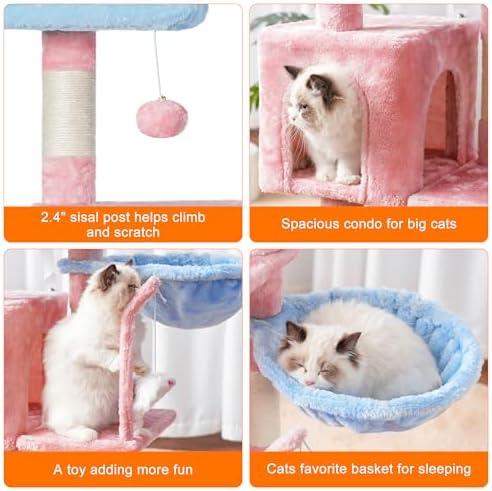 Heybly Cat Tree with Toy, 43.3 inch Cat Tower condo for Indoor Cats, Cat House with Padded Plush Perch, Cozy Hammock and Sisal Scratching Posts, Blue and Pink HCT004SBP - Image 5