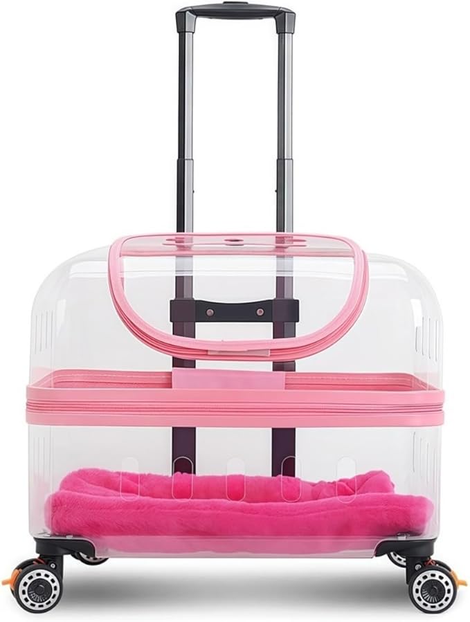 Pet Carrier with Wheels, Travel Pet Case with Transparent Window, Dog & Cat Carrier for Pets Weighing Up to 22 Pounds (Pink)