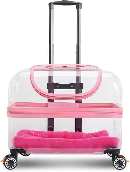 Pet Carrier with Wheels, Travel Pet Case with Transparent Window, Dog & Cat Carrier for Pets Weighing Up to 22 Pounds (Pink)