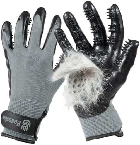 H HANDSON Pet Grooming Gloves - Patented #1 Ranked, Award Winning Shedding, Bathing, & Hair Remover Gloves - Gentle Brush for Cats, Dogs, and Horses (Grey, Medium) by HandsOnPatentedOriginalGroomingBathingGloves