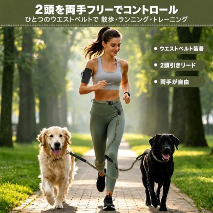Hands Free Double Dog Leash, 4 Reflective Padded Handles, Adjustable Waist Belt 27-51", Shock-Absorbing Bungee, 360° Swivel Clips, for Small, Medium & Large Dogs, Walking Jogging Running - Image 2