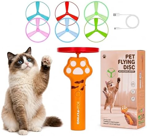 Cat Fetch Toy Disc Launcher, USB C Rechargeable Interactive Toy with 3 Soft Flying Discs, 3 Glow Discs, Electric Saucer Launcher for Indoor Cats, Hunting Exercise and Boredom Relief, Yellow by Unknown