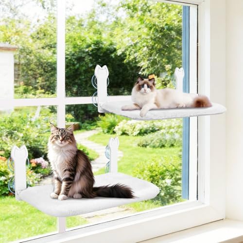 2 Pack Cat Window Perch,Cat Window Hammock Cordless Foldable Window Bed with 4 Large Strong Suction Cup,Reversible Cushion Cover,Metal Frame Easy to Adjust Window Seat Holds up to 40lbs(White by Turbosus