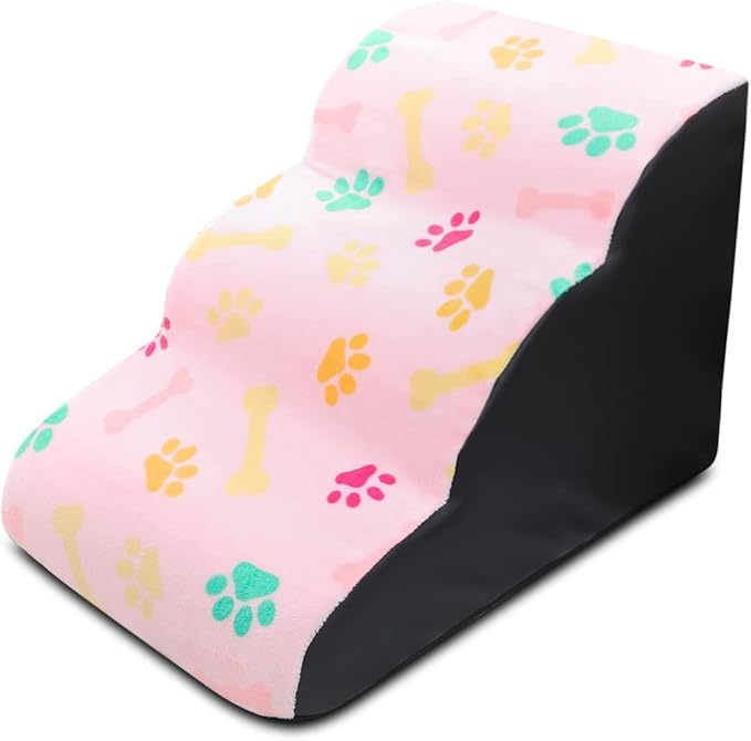 Pet Stairs, 3-Steps Dog Stairs, Removable and Washable Dog Stairs with Slope Steps and Non-Slip Bottom, Soft and Comfortable Dog Ramp(Pink-Bones)
