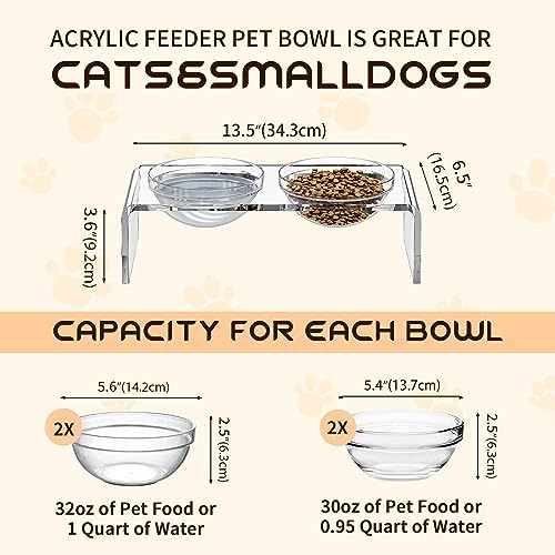 Acrylic Pet Feeder Stand Set for Food Water with 2 Set Glass & Plastic Bowls, Raised Dishes Rack Suitable for Puppies, Kittens and Small Dogs, Clear - Image 4