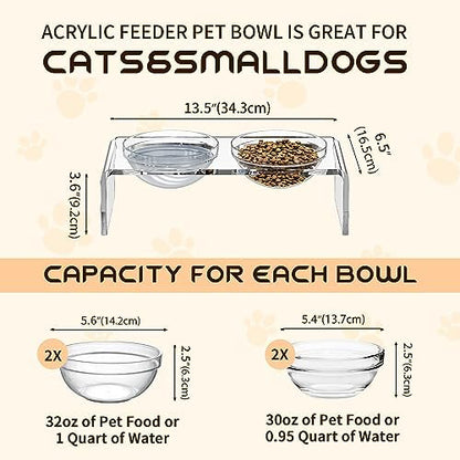 Acrylic Pet Feeder Stand Set for Food Water with 2 Set Glass & Plastic Bowls, Raised Dishes Rack Suitable for Puppies, Kittens and Small Dogs, Clear - Image 4