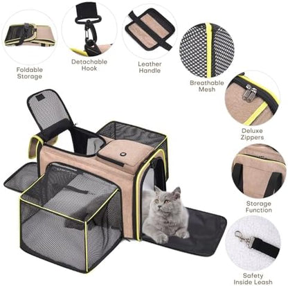Pet Carrier, Large Soft Sided Expandable Travel Carrier with Steel Frame, Anti-Scratch Mesh, Removable Fleece Pad and Pockets for Cats, Dogs and Small Animals up to 15 lbs (Brown, 4 Sides Expandable) - Image 4