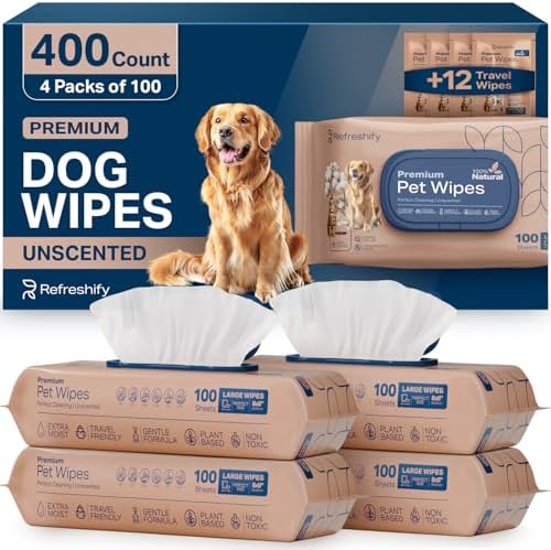 REFRESHIFY Dog Wipes for Paws and Butt - Plant Based Unscented (Pack of 400) - Pet Wipes for Dogs and Cats - Deodorizing Non Toxic Dog Wipes, +12 Additional Travel Wipes by AllSettHealth