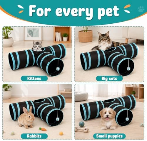 Cat Tunnel for Indoor Cats – 3-Way Collapsible Cat Tunnels with Hanging Ball & Peep Hole, Crinkle Pop-Up Play Tube Toy for Cats, Kittens, Puppies & Rabbits - Image 4