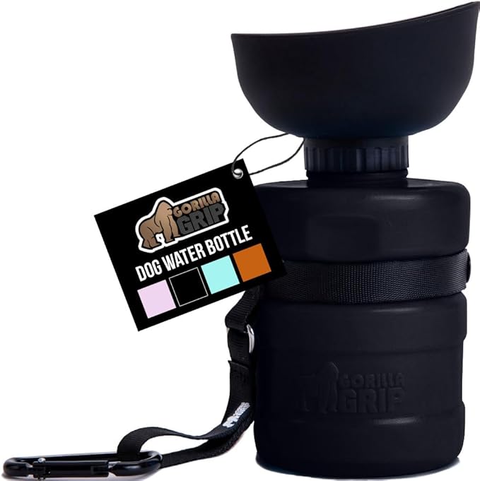 GORILLA GRIP Dog Water Bottle, Portable Water Bowl Dispenser for Dogs, 20 oz Leak Proof Pet Travel Squeeze Bottles Food Grade Silicone, Pet Stocking to Go Puppy Essentials, Black