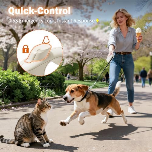 OUTRUN Retractable Dog Leash 16.5 FT Walking Leash up to 55 Lbs, Strong Nylon Tape No Tangle, Heavy Duty One-Handed Brake Lock Perfect for Small & Medium Sized Dogs and Pets (Cream White) - Image 5