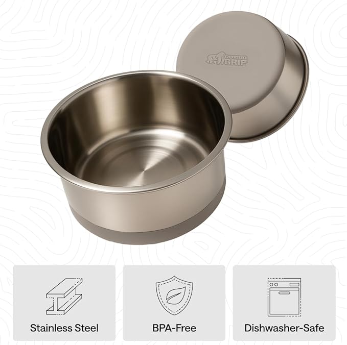 GORILLA GRIP Dog Bowls, Food Grade 304 Stainless Steel, Holds 8 Cups Each (64 fl oz) Food and Water Bowl for Feeding Dogs and Cats, Dishwasher Safe, Rust Resistant, BPA Free Rubber Base Set of 2 Beige