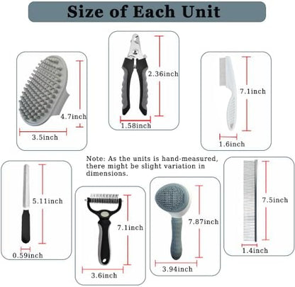 7PCS Dog Grooming Brush Kit for Shedding and Matted Fur, Self-Cleaning Slicker Brush with Undercoat Rake, Flea Comb for Long-Haired Pets, Grey - Image 6