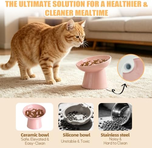 Ceramic Elevated Slow Feeder Cat Bowl - 6" Raised Cat Food Bowl for Bloat Relief & Anti-Vomiting, Whisker Friendly Ceramic Cat Slow Feeder for Indoor Cats, Kittens, Puppies - Pink(1pc) - Image 5