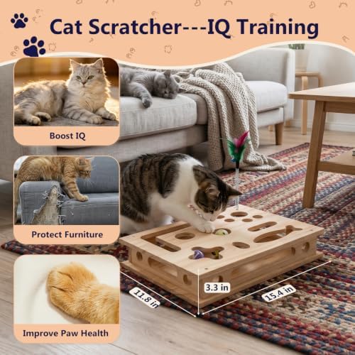 Wooden Cat Scratch Puzzle Enrichment Box,Interactive Cat Slow Feeder Maze Puzzle Toy,Durable Mental Stimulation Enrichment Toy.Relieve Boredom & Reduce Destructive Behaviors - Image 3