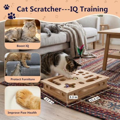 Wooden Cat Scratch Puzzle Enrichment Box,Interactive Cat Slow Feeder Maze Puzzle Toy,Durable Mental Stimulation Enrichment Toy.Relieve Boredom & Reduce Destructive Behaviors - Image 3