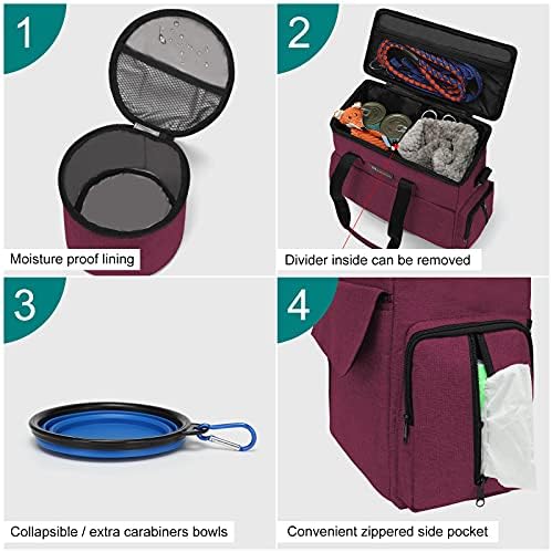 Modoker Weekend Dog Travel Bag with 2 Food Bags, 2 Bowls and Mat,Rose Red - Image 3