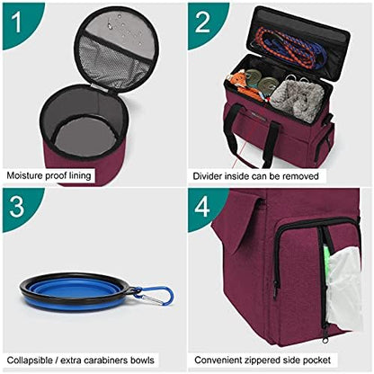 Modoker Weekend Dog Travel Bag with 2 Food Bags, 2 Bowls and Mat,Rose Red - Image 3