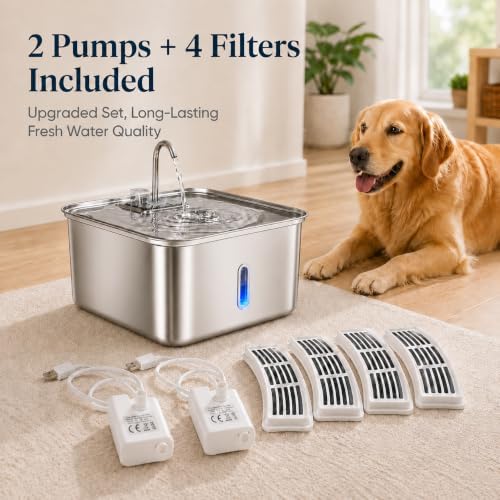 7L / 1.8 Gallon Dog Water Fountain, Suitable for Large Dogs and Multi‑Pet, 2 Silent USB Pumps and 4 Filters, 304 Stainless Steel Cat Water Fountain, Multi‑Stage Filtration, Visible Water Level Window - Image 2