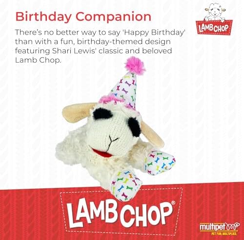 Multipet Lamb Chop Dog Plush Toy w/Birthday Hat - Squeaky Toy for All Dogs - Soft Plush - Stuffed Animal Dog Toys for Playing - Cute Birthday Toy (10.5”, Pink Hat, 5 Squeakers) - Image 2