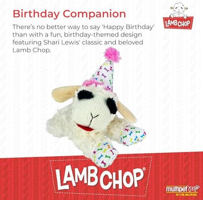 Multipet Lamb Chop Dog Plush Toy w/Birthday Hat - Squeaky Toy for All Dogs - Soft Plush - Stuffed Animal Dog Toys for Playing - Cute Birthday Toy (10.5”, Pink Hat, 5 Squeakers) - Image 2