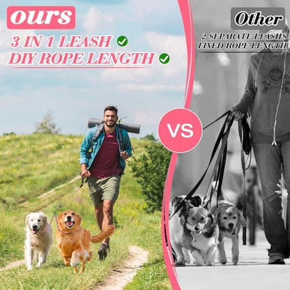 Dog Double Leashes,Rope Bungee Dual Leash with Padded Handle Removable for 2 Dogs,Tangle-Free, Padded Handles, 360° Swivel Control (Pink, 2 Way) - Image 4