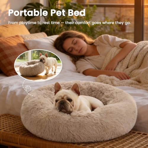 Love's cabin Calming Cat Bed for Indoor Cats, Anti-Anxiety Donut Round Dog Bed,Fluffy Faux Fur Washable Pet Bed for Small Medium Dogs and Cats, Taupe, 24in - Image 4
