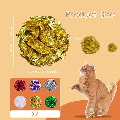 Andiker Cat Crinkle Balls, 2.36 Inches 6 Colors 12pcs Cat Balls Chew and Chase Kitten Mylar Crinkle Ball Lightweight Cats Toys for Indoor Cats to Keep Fit and Active(12pcs) - Image 2