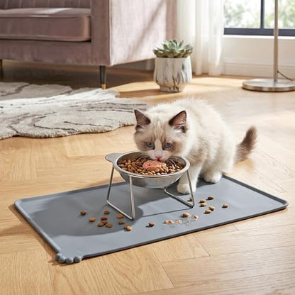 Elevated Cat Bowl with Food Mat - 15°Tilted Stand Raised Cat Bowl, Stainless Steel Whisker Friendly Anti Vomiting Food Water Dishes, Silicone Feeding Mat for Cats Puppy Kitten Small Dog - Image 6