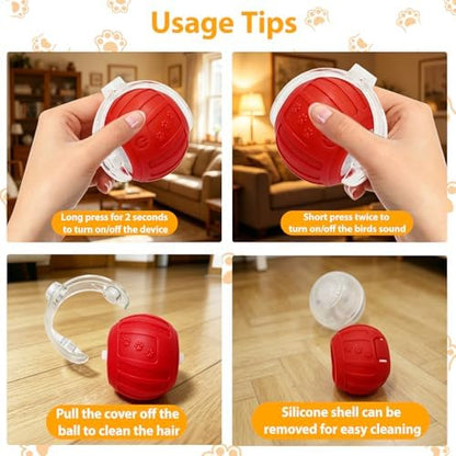 Interactive Cat Toys Ball for Indoor Cats, Automatic Self-Rolling, Motion-Activated, Bird Chirping Cats Dogs Ball Toy with Elastic Mesh Tail, Cat Enrichment Toys for Indoor Cats (Red) - Image 5