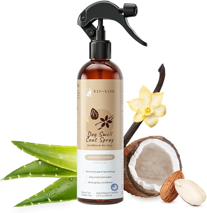 kin+kind Dog Deodorizing Spray - Safe, Natural, & Easy to Use Pet Odor Eliminator - Premium Dog Detangler Spray Formula Made w/Aloe - Dog Deodorizer for Smelly Dogs Made in the USA (12 fl oz)