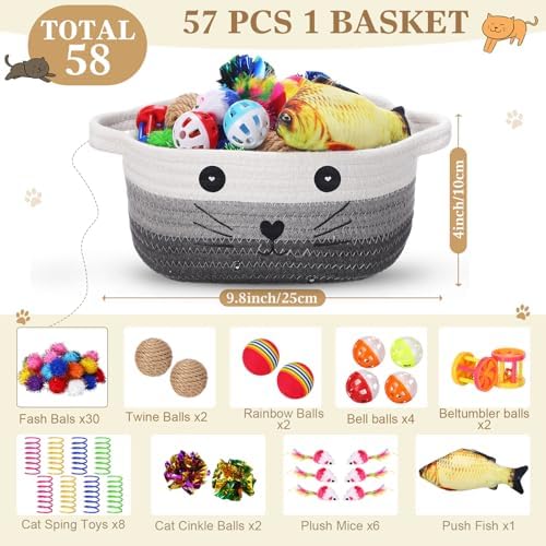 Zopeal 58 Pcs Cat Toy Set with Storage Basket Indoor, Multicolor, 9.8 Inch - Image 2