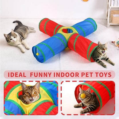 Pet Cat Tunnel, 4 Way Tunnels for Indoor Cats, Collapsible Pet Tunnel for Kitten, Puppy, Rabbit, 25cm-Wide Tunnels, Durable & Breathable, with Peek Hole Toy Ball - Image 3