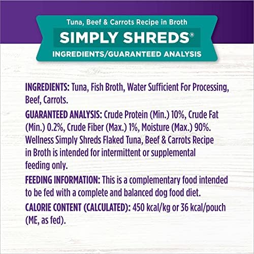 Wellness Bowl Boosters Simply Shreds Wet Dog Food Topper for Small, Medium, and Large Breeds, Grain Free, Natural, Tuna, Beef, and Carrots Recipe, 2.8 oz, Pack of 12 Pouches - Image 6