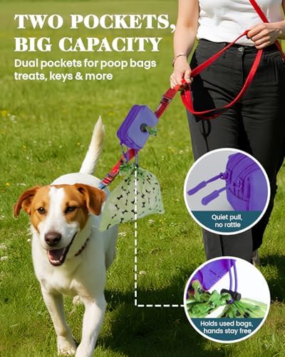 Dog Poop Bag Holder for Leashes, Purple Doggie Waste Bag Dispenser and Treat Holder, with Carabiner Hook and Poop Bag Clip, Used Waterproof Wear-Resistant Fabric and 2 Zippered Pouches for Walking - Image 6