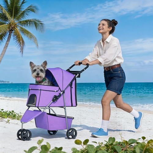 BestPet | 3-Wheel Pet Stroller | Purple | Foldable Dog and Cat Stroller - Image 2