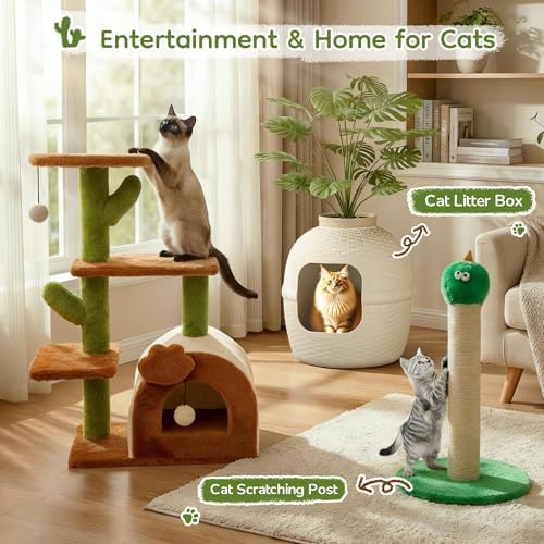 Cactus Cat Tree for Indoor Cats with Cozy Condo Wide Top Perch 27.5", Multi-Level Cat Tower with Climbing and Lounging Space Plush, Toy Ball, Brown - Image 6