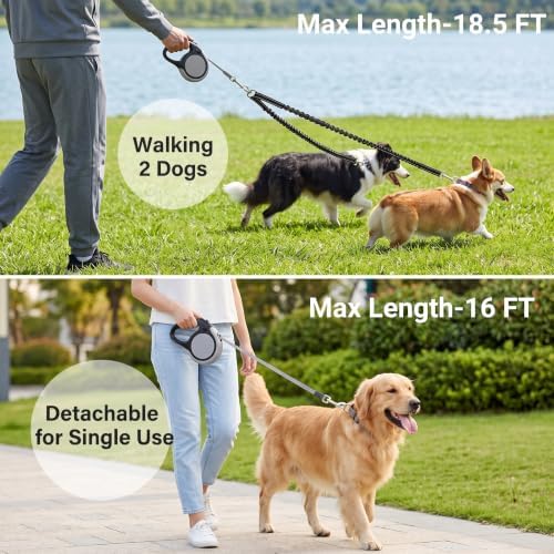 Dual Retractable Dog Leash for 2 Medium Dogs ≤ 44Lbs Each,18.5FT, Poop Bags - Image 7
