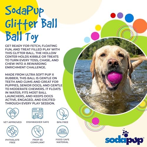 SodaPup Glitter Ball – Soft Dog Ball Toy, Floating Fetch Ball and Treat Dispenser Made in USA from Non-Toxic Pet Safe Food Safe PUP-X Rubber for Bonding, Physical Exercise, & More - Image 3