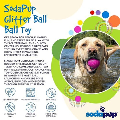 SodaPup Glitter Ball – Soft Dog Ball Toy, Floating Fetch Ball and Treat Dispenser Made in USA from Non-Toxic Pet Safe Food Safe PUP-X Rubber for Bonding, Physical Exercise, & More - Image 3