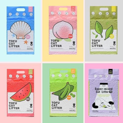 Michu Tofu Cat Litter Natural Clumping Tofu Cat Litter, Fast Clumping and Easily Scoop-able 5.5lb/88oz 5 Scents - Rainbow Combo, 6 Pack by Michupet