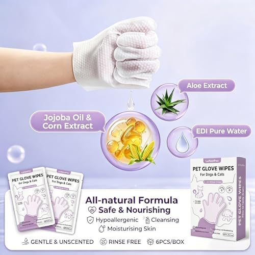 Pet Glove Wipes for Dogs & Cats, 2-in-1 Disposable Dog Cleaning Gloves for Bathing, No-Rinse Grooming Wipes for Paw, Face, Ear & Body, Aloe & Jojoba Oil, 6 Count - Image 4